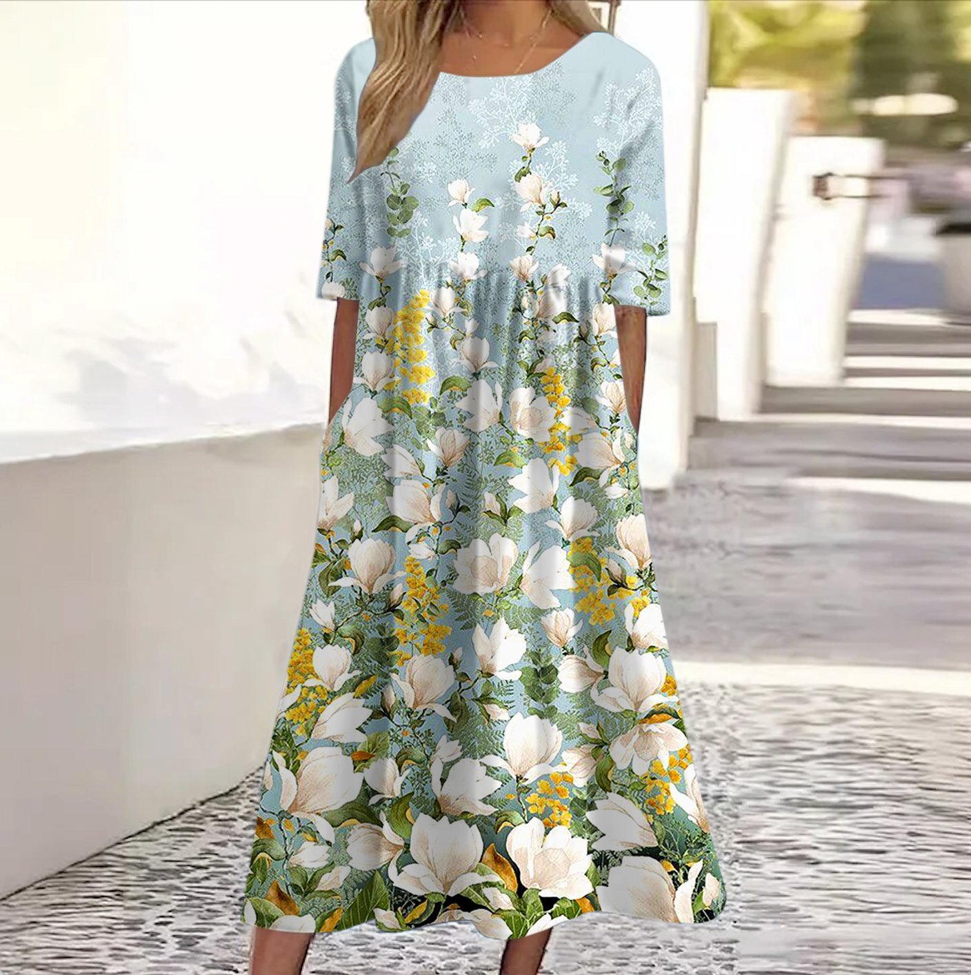 Femmes Floral Vert Clair Col Rond Confortable Robe Maxi Décontracté