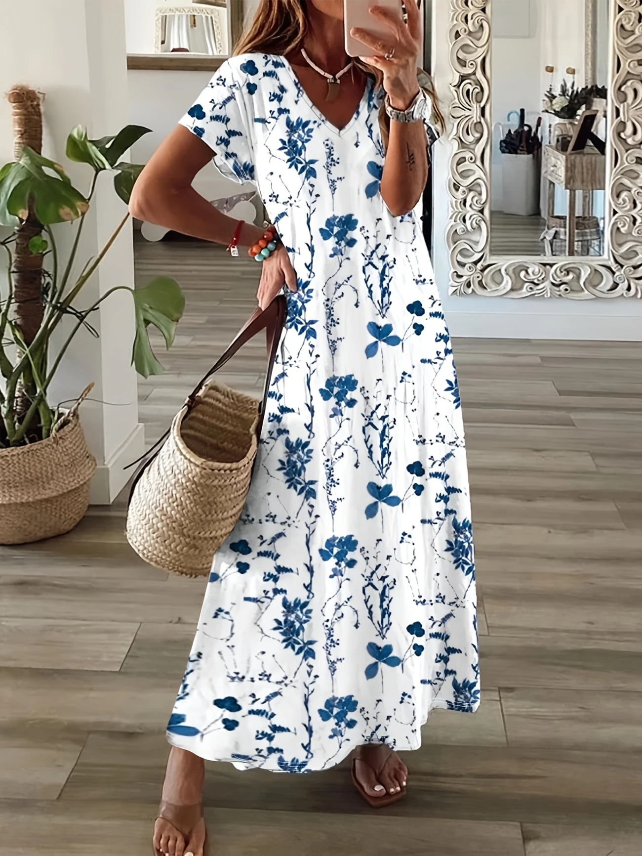 Femmes Floral Blanc Col V Confortable Imprimé Robe Maxi Décontracté