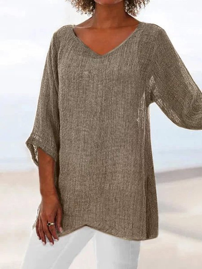 Chemises Décontracté Plain Été Polyester Col V Ample Manches Courtes Régulier Régulier pour Femmes