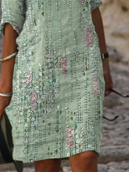 Femmes Rayé Vert Col V Confortable Imprimé Mini Robe Décontracté