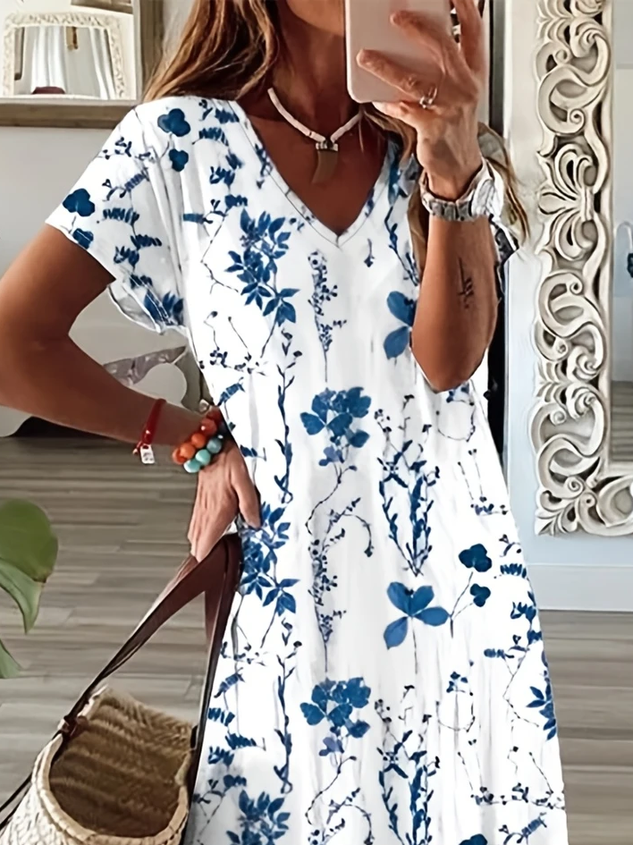 Femmes Floral Blanc Col V Confortable Imprimé Robe Maxi Décontracté