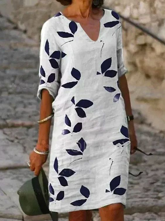 Femmes Floral Blanc Col V Confortable Imprimé Mini Robe Décontracté