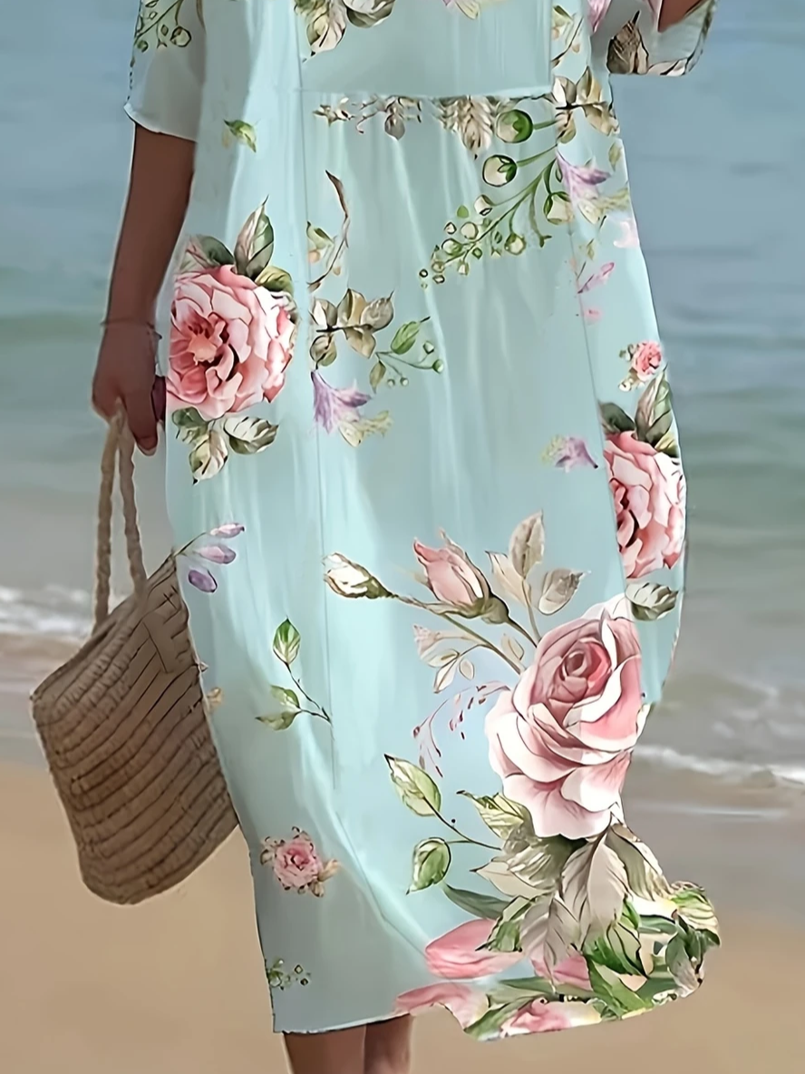 Femmes Floral Cyan Col Rond Confortable Imprimé Robe Maxi Décontracté