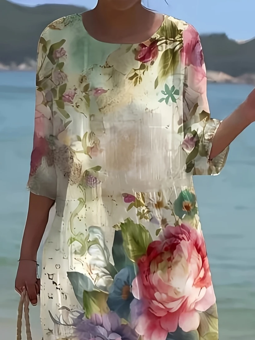 Femmes Floral Comme Image Col Rond Confortable Imprimé Robe Maxi Décontracté