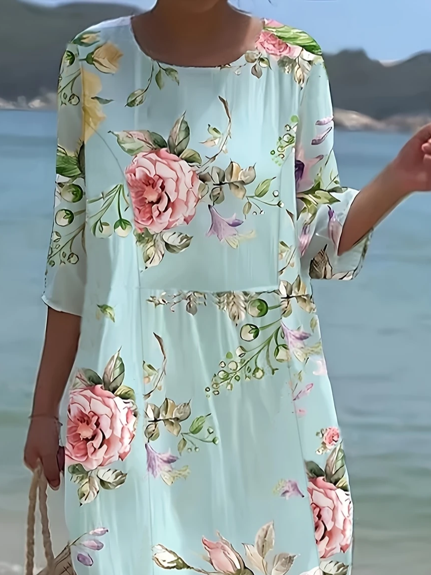 Femmes Floral Cyan Col Rond Confortable Imprimé Robe Maxi Décontracté