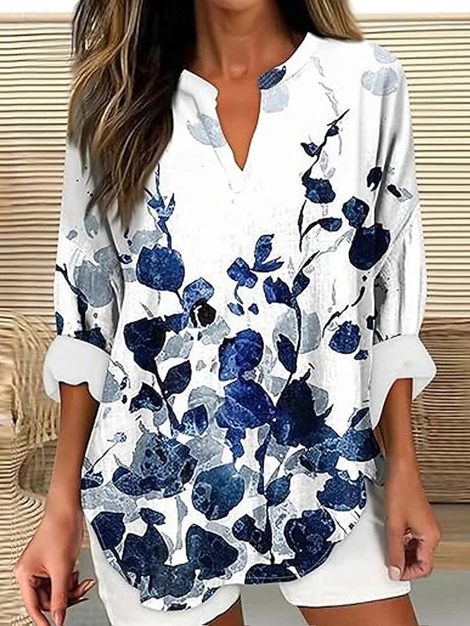 Blouses Femmes Décontracté Floral Printemps / Automne Col V Quotidien en Mélangé de Coton Régulier Trapèze Régulier
