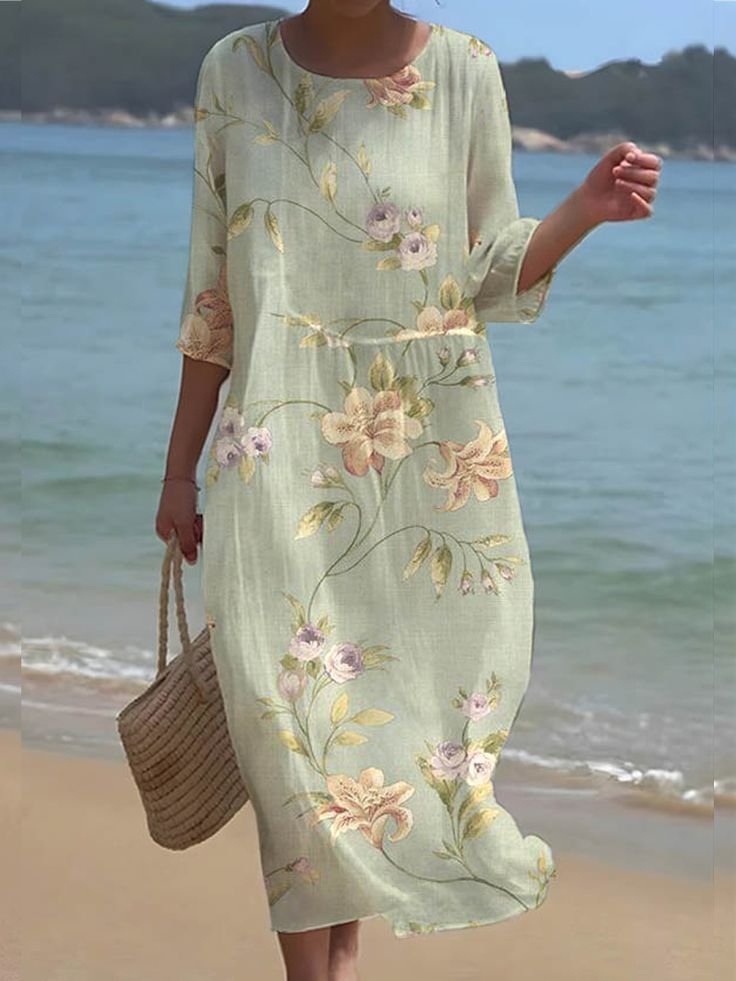 Femmes Floral Vert Col Rond Confortable Robe Maxi Décontracté