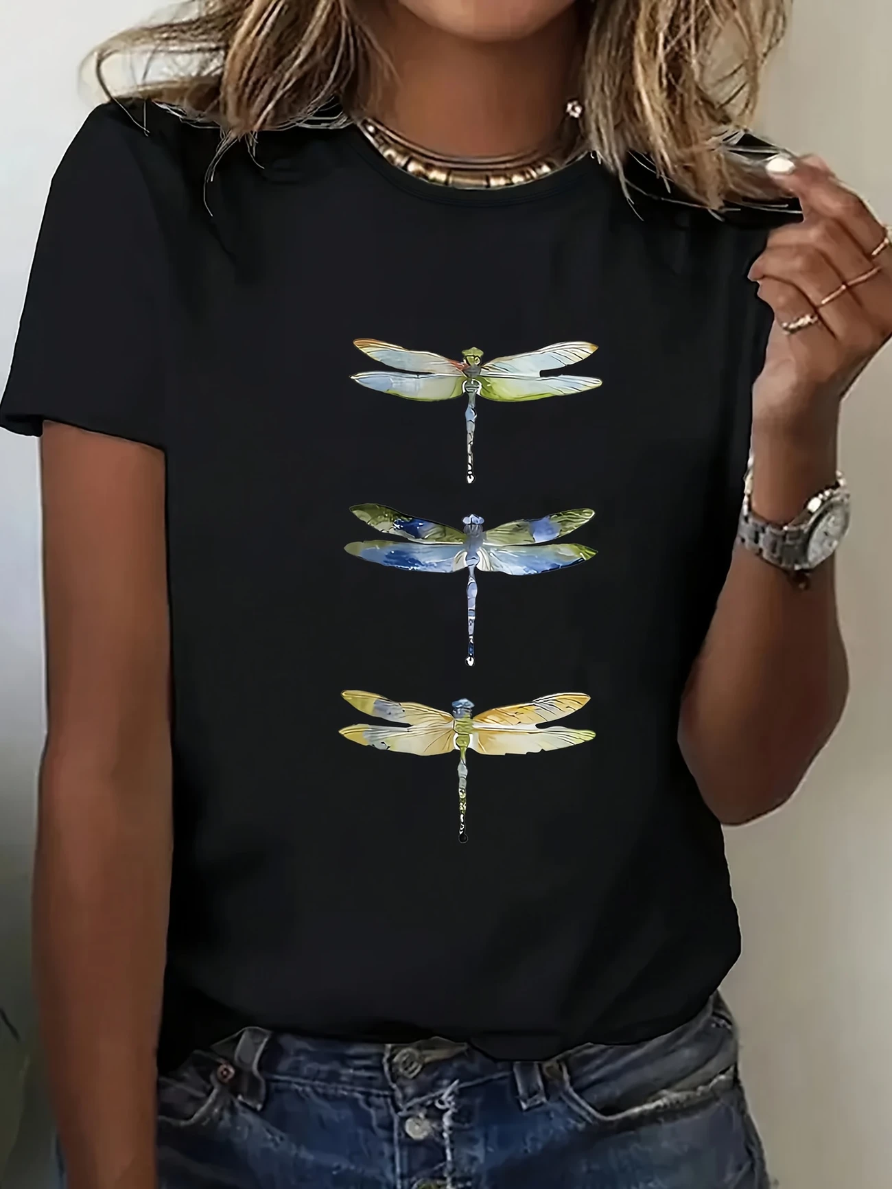 T-shirts Décontracté Été Libellule Imprimé Micro-élasticité Jersey Manches Courtes Droit Régulier pour Femmes