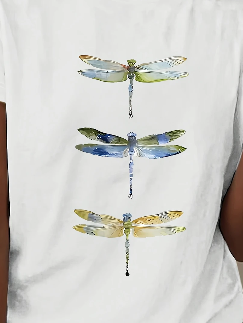 T-shirts Décontracté Été Libellule Imprimé Micro-élasticité Jersey Manches Courtes Droit Régulier pour Femmes