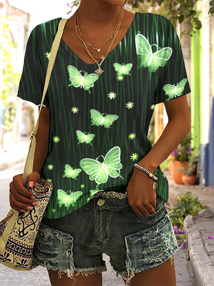 T-shirts Décontracté Floral Été Coton Col V Micro-élasticité Coupe Régulière Manches Courtes Trapèze pour Femmes