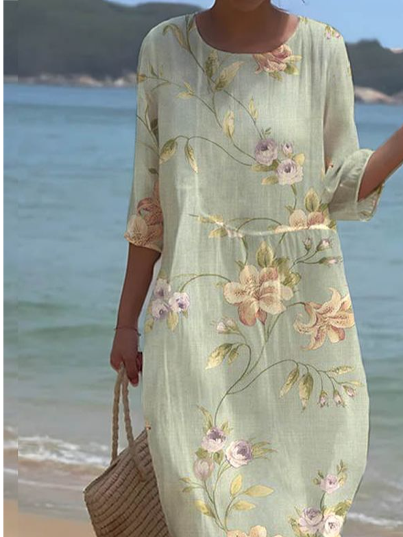 Femmes Floral Vert Col Rond Confortable Robe Maxi Décontracté