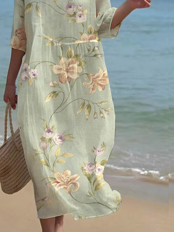 Femmes Floral Vert Col Rond Confortable Robe Maxi Décontracté