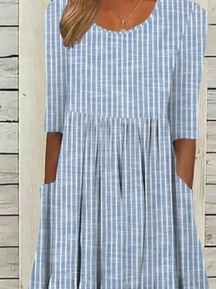 Femmes Rayé Bleu Col Rond Confortable Imprimé Robe Maxi Décontracté