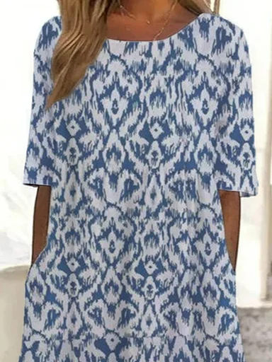Femmes Floral Bleu Col Rond Confortable Imprimé Robe Maxi Décontracté
