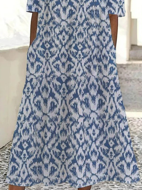 Femmes Floral Bleu Col Rond Confortable Imprimé Robe Maxi Décontracté