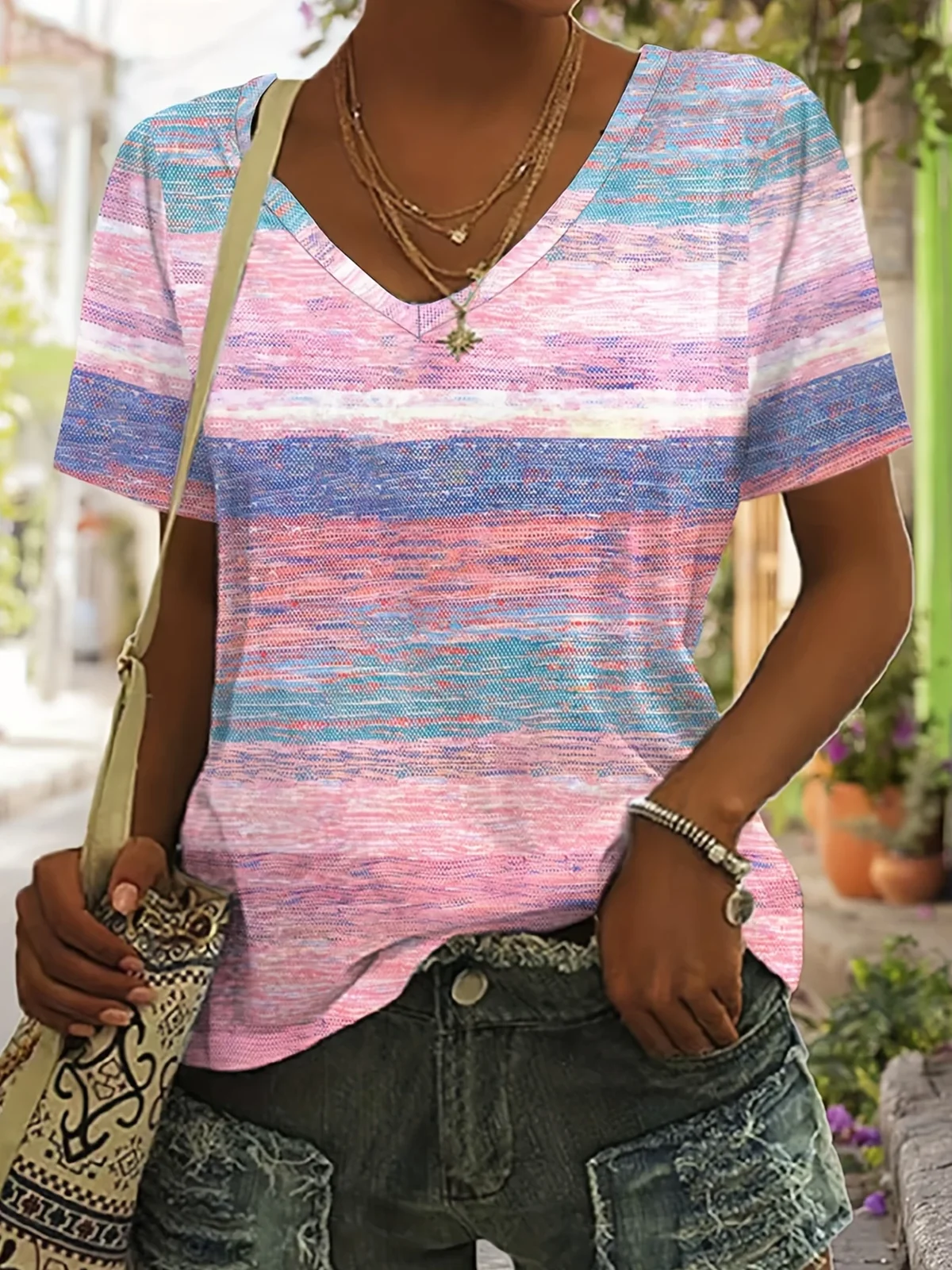 T-shirts Femmes Rayé Décontracté Été Polyester Col V Manches Courtes Régulier Trapèze Régulier