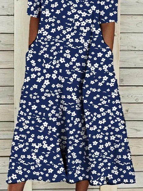 Femmes Floral Bleu Violacé Col Rond Confortable Imprimé Robe Maxi Décontracté