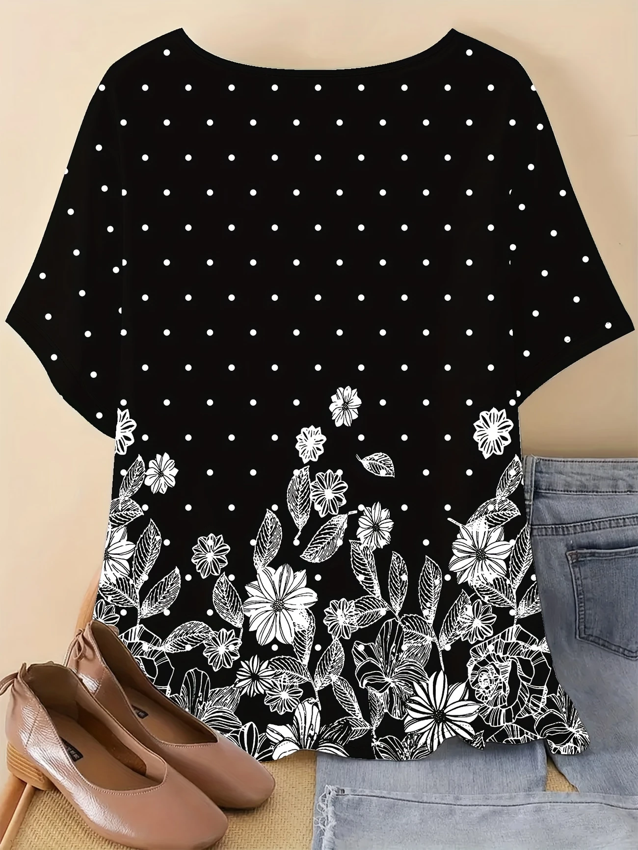 T-shirts Femmes Pois Polka Rétro Printemps / Automne en Lin Manche Dolman Ample Manches trois quarts Col Rond Régulier