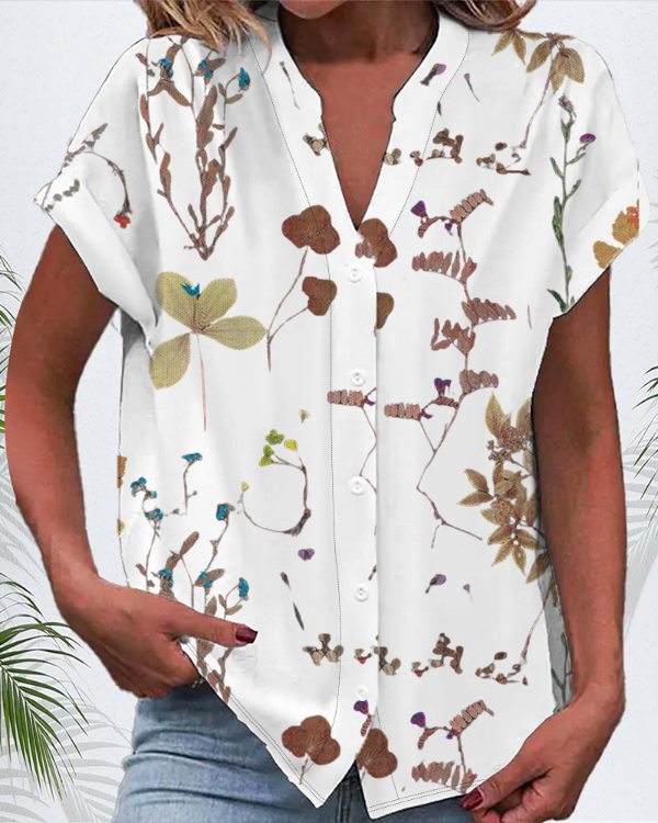 Chemises Décontracté Floral Été Polyester Col V Micro-élasticité Manches Courtes Régulier Boucle pour Femmes