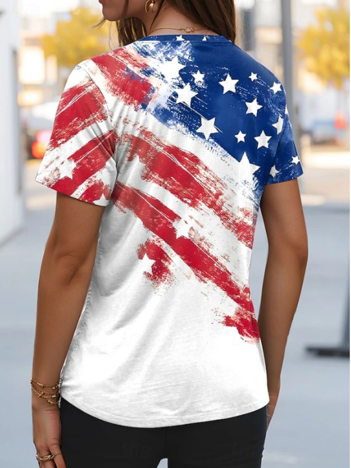 T-shirts Femmes Décontracté Été Drapeau des États-Unis Micro-élasticité Quotidien Manches Courtes Col Rond Régulier Régulier