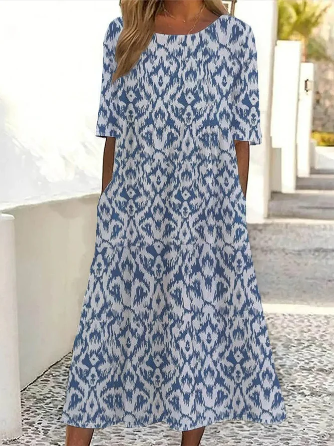 Femmes Floral Bleu Col Rond Confortable Imprimé Robe Maxi Décontracté