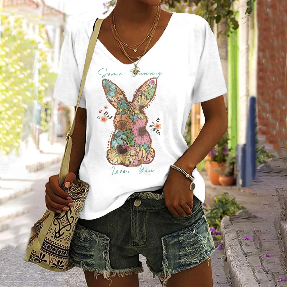 T-shirts Femmes Décontracté Floral Été Coton Col V Coupe Régulière Manches Courtes Régulier Trapèze