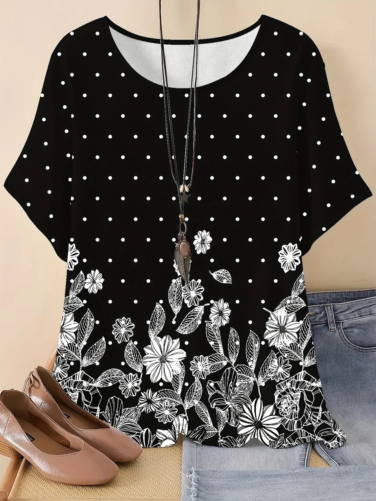 T-shirts Femmes Pois Polka Rétro Printemps / Automne en Lin Manche Dolman Ample Manches trois quarts Col Rond Régulier
