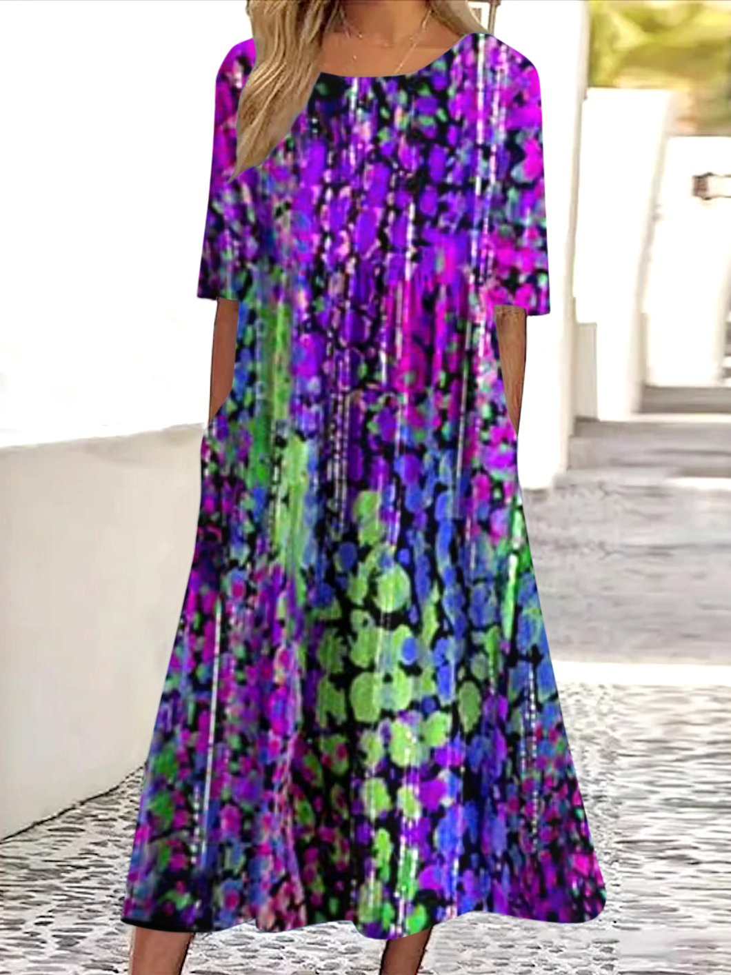 Femmes Géométrique Violet Col Rond Confortable Robe Maxi Décontracté
