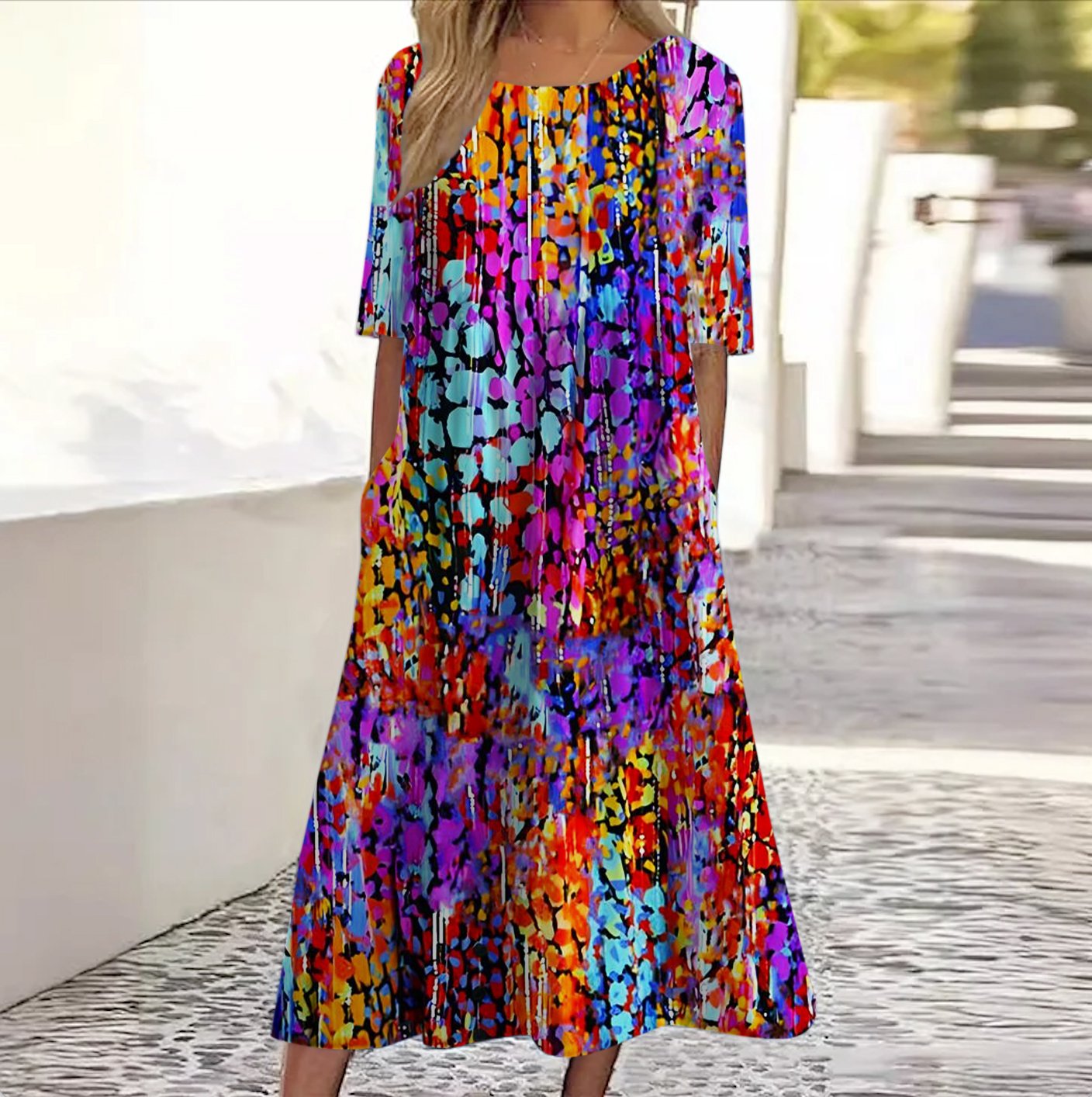 Femmes Géométrique Violet Col Rond Confortable Robe Maxi Décontracté