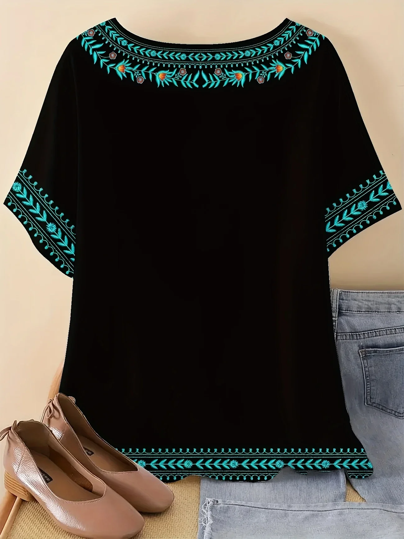 T-shirts Simple Printemps / Automne Ethnique Géométrie Manche Dolman Domestique Ample Manches trois quarts Col Rond Régulier pour Femmes