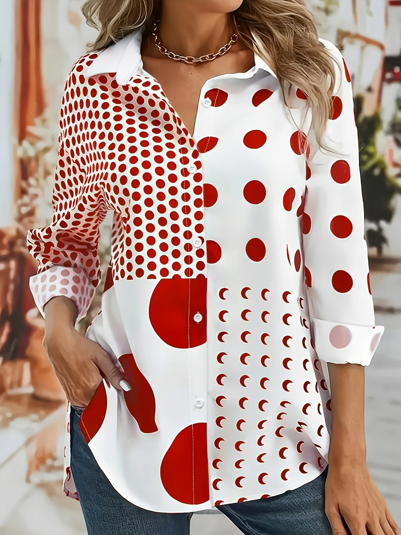 Chemises Femmes Pois Polka Décontracté Printemps / Automne Coton Micro-élasticité Coupe Régulière Régulier Trapèze Col de Chemise