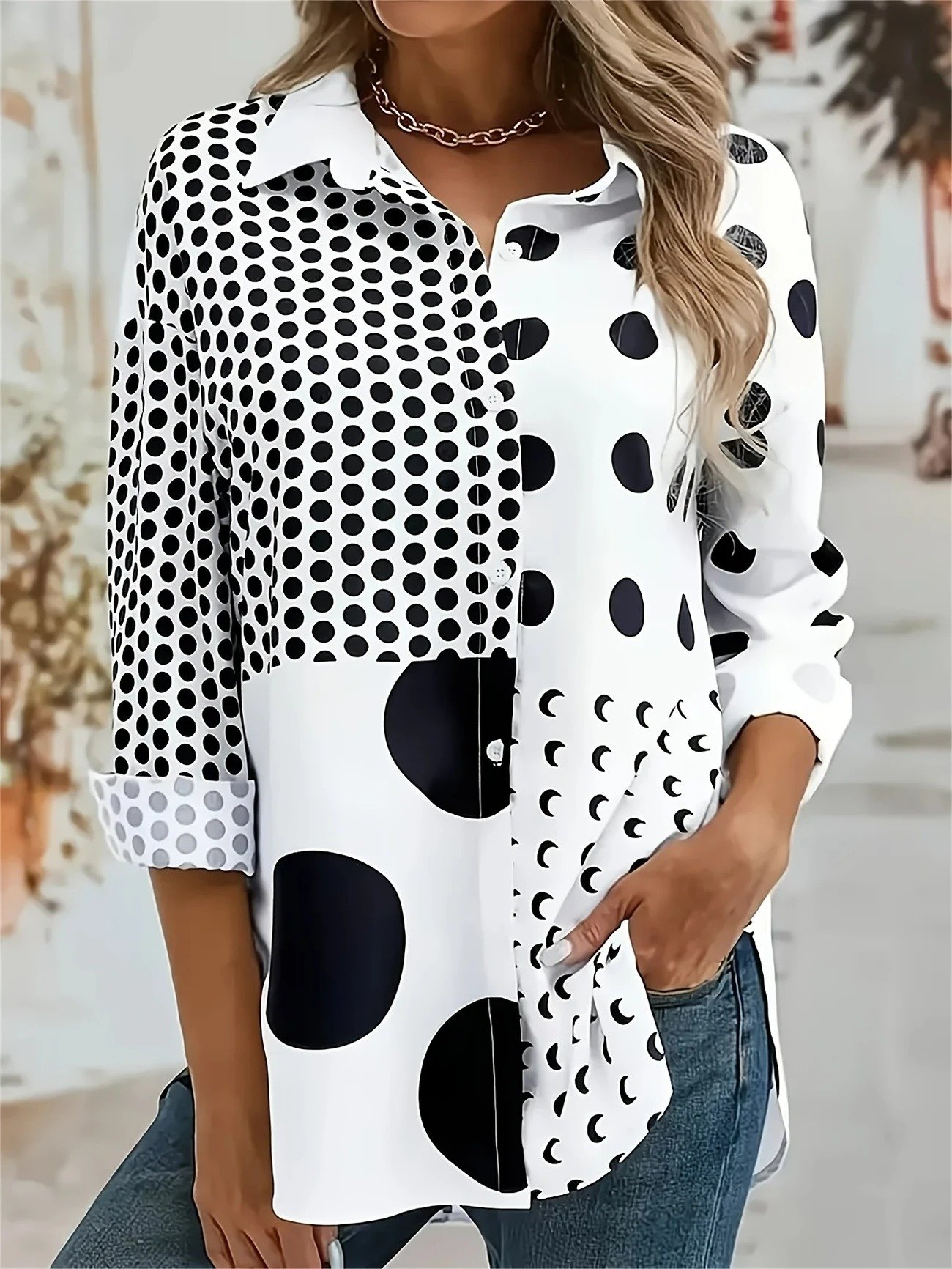 Chemises Femmes Pois Polka Décontracté Printemps / Automne Coton Micro-élasticité Coupe Régulière Régulier Trapèze Col de Chemise