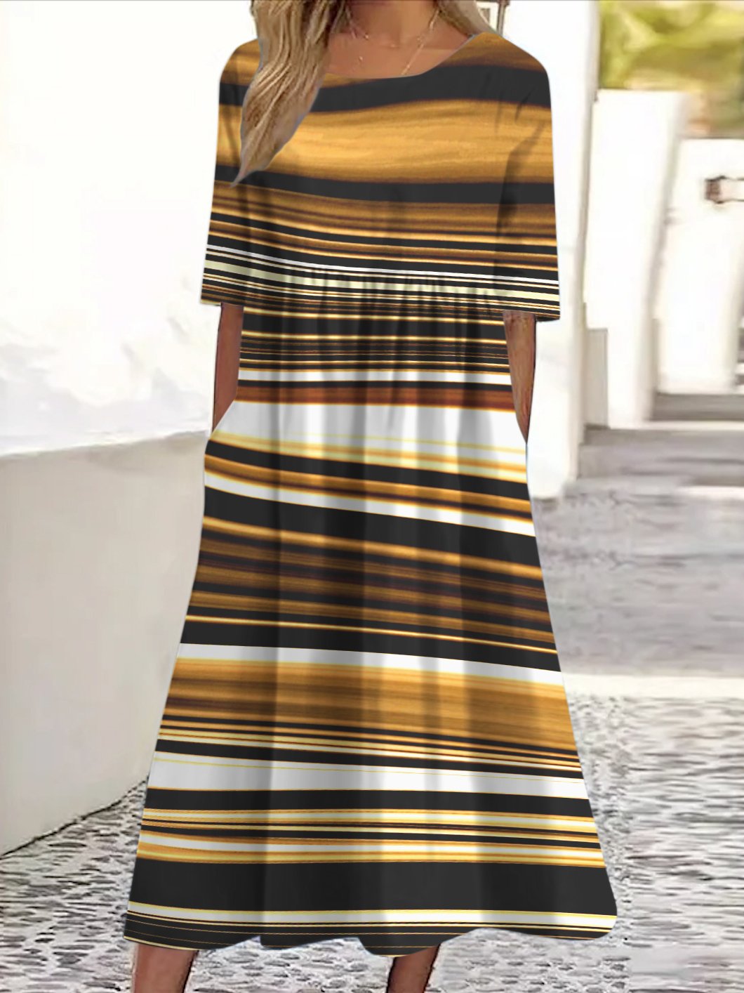 Femmes Rayé Brun Col Rond Confortable Robe Maxi Décontracté