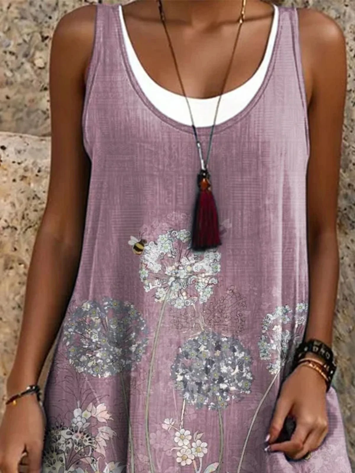 Femmes Floral Violet Col Rond Confortable Robe Mi-Longue Décontracté