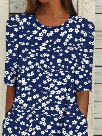 Femmes Floral Bleu Violacé Col Rond Confortable Imprimé Robe Maxi Décontracté