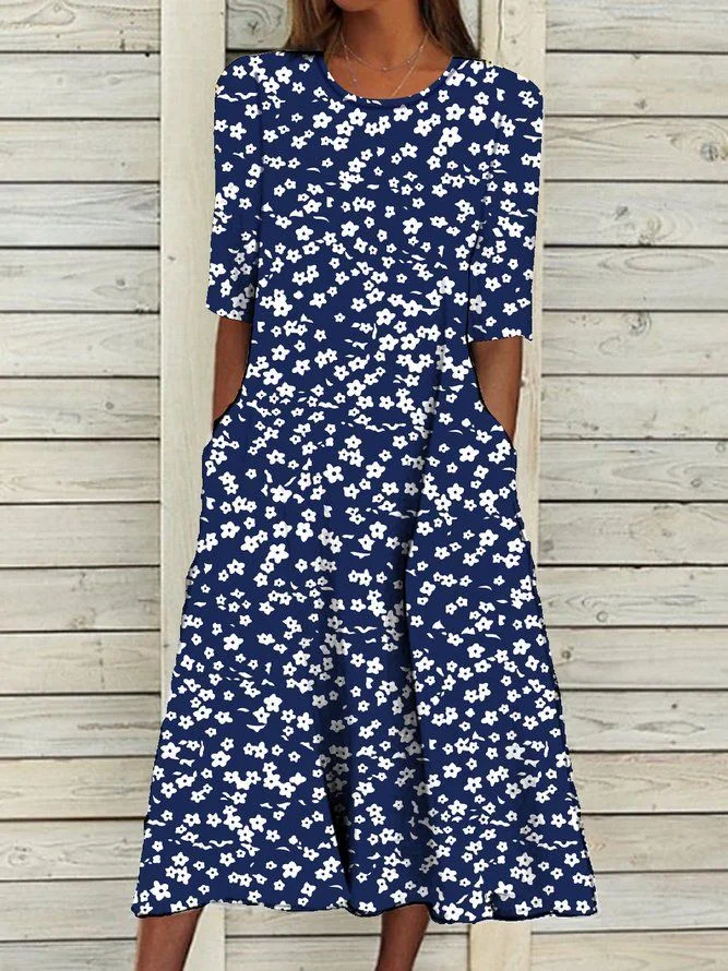 Femmes Floral Bleu Violacé Col Rond Confortable Imprimé Robe Maxi Décontracté