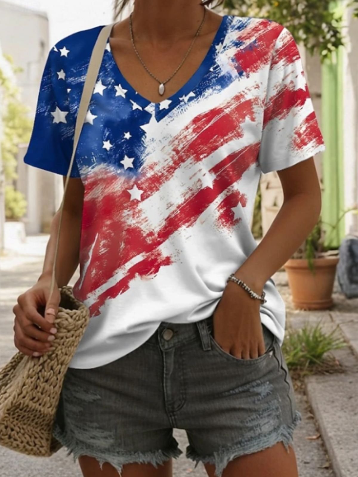 T-shirts Femmes Décontracté Été Drapeau des États-Unis Micro-élasticité Quotidien Manches Courtes Col Rond Régulier Régulier