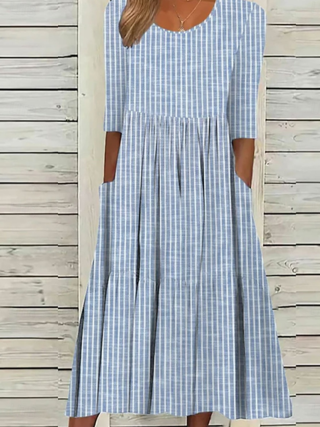 Femmes Rayé Bleu Col Rond Confortable Imprimé Robe Maxi Décontracté