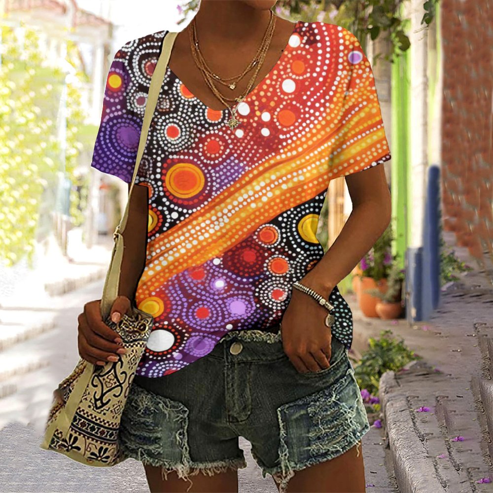 T-shirts Femmes Décontracté Floral Été Coton Col V Micro-élasticité Coupe Régulière Régulier Trapèze