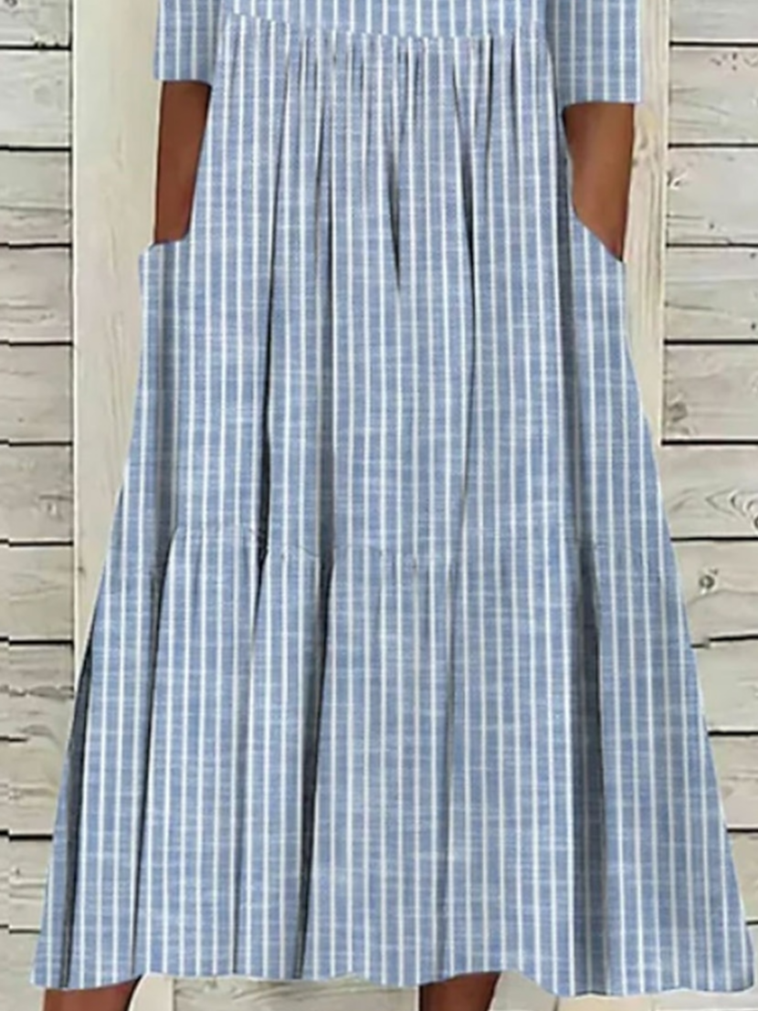 Femmes Rayé Bleu Col Rond Confortable Imprimé Robe Maxi Décontracté