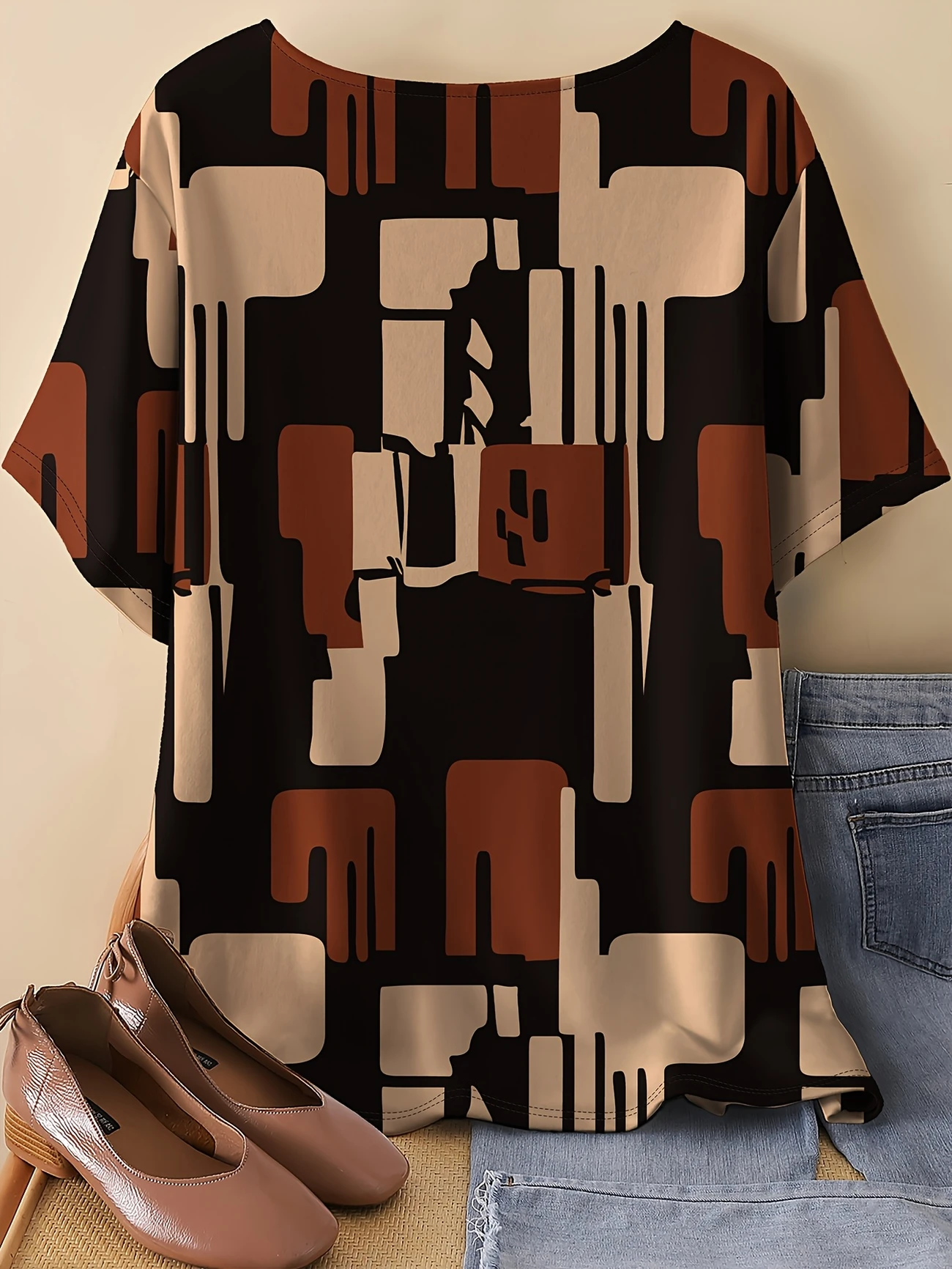 T-shirts Femmes Géométrique Simple Printemps / Automne en Lin Micro-élasticité Quotidien Ample Col Rond Régulier