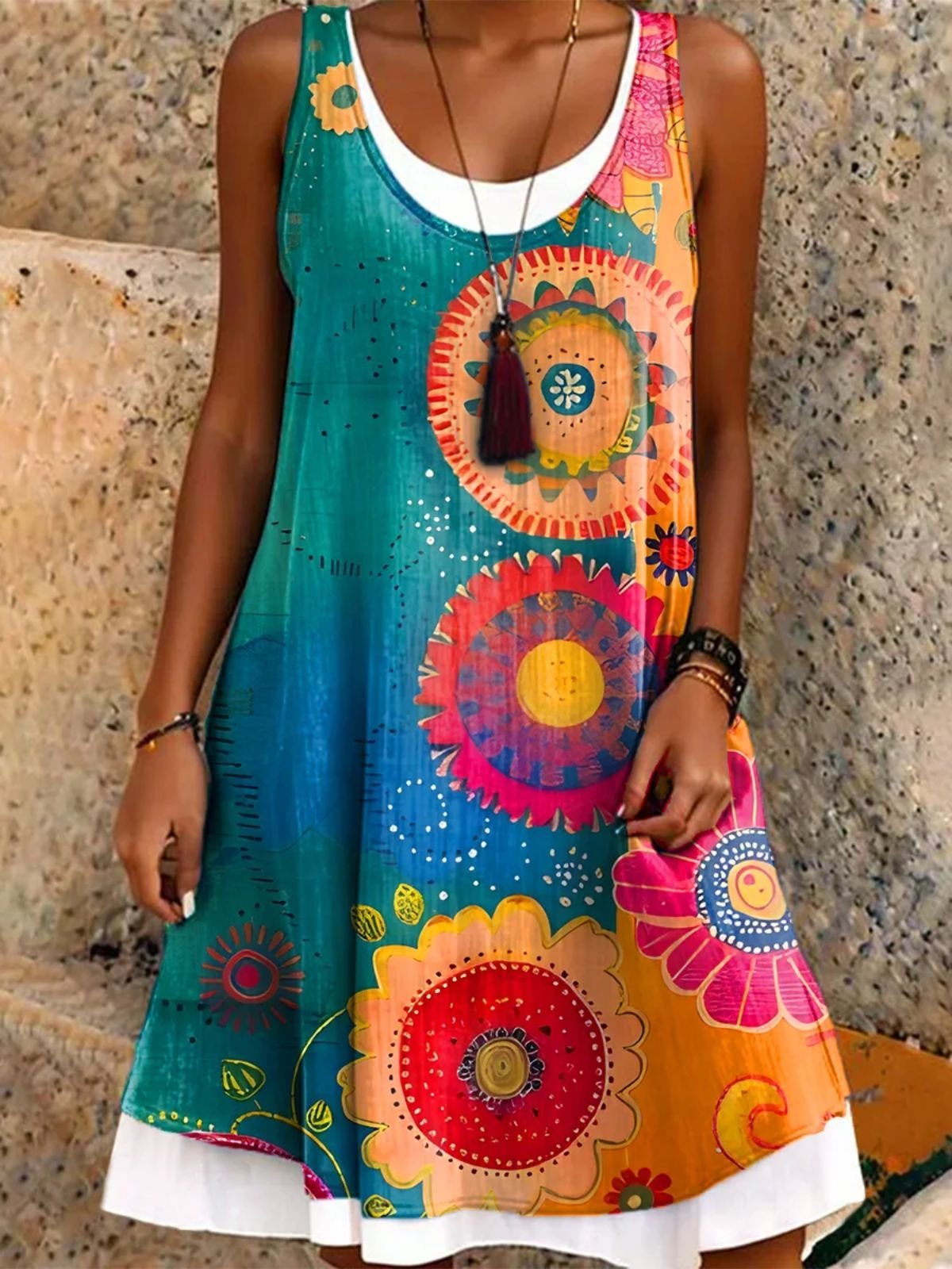 Femmes Floral Bleu Col Rond Confortable Robe Mi-Longue Décontracté