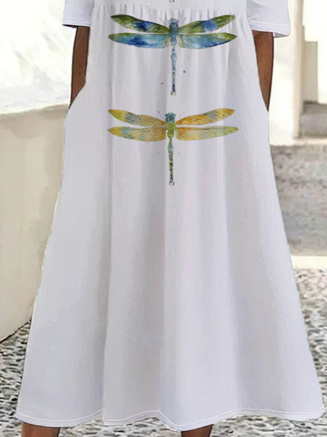 Femmes Libellule Blanc Col Rond Confortable Imprimé Robe Maxi Décontracté