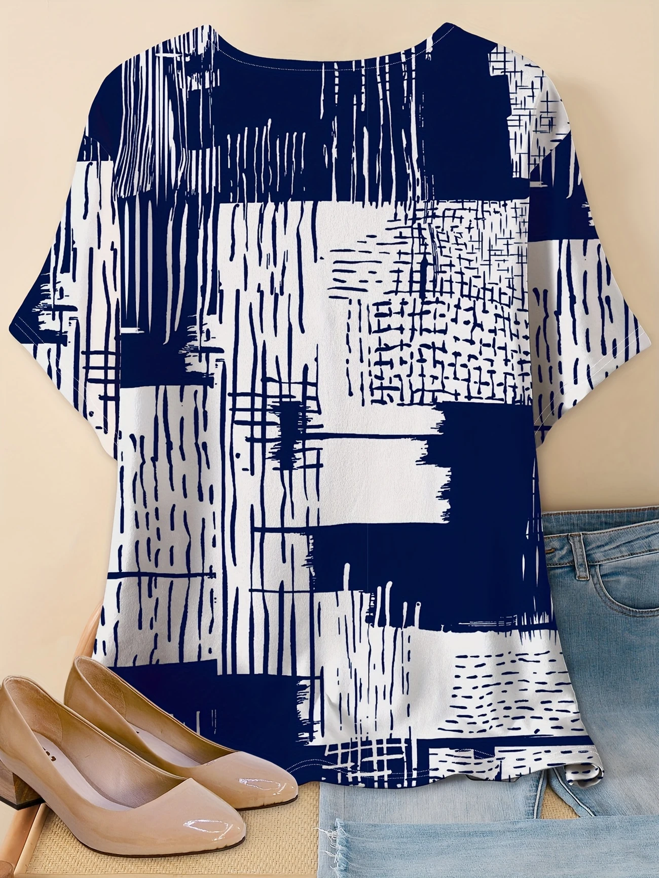 T-shirts Femmes Géométrique Décontracté Printemps / Automne en Lin Manche Dolman Micro-élasticité Col Rond Droit Régulier