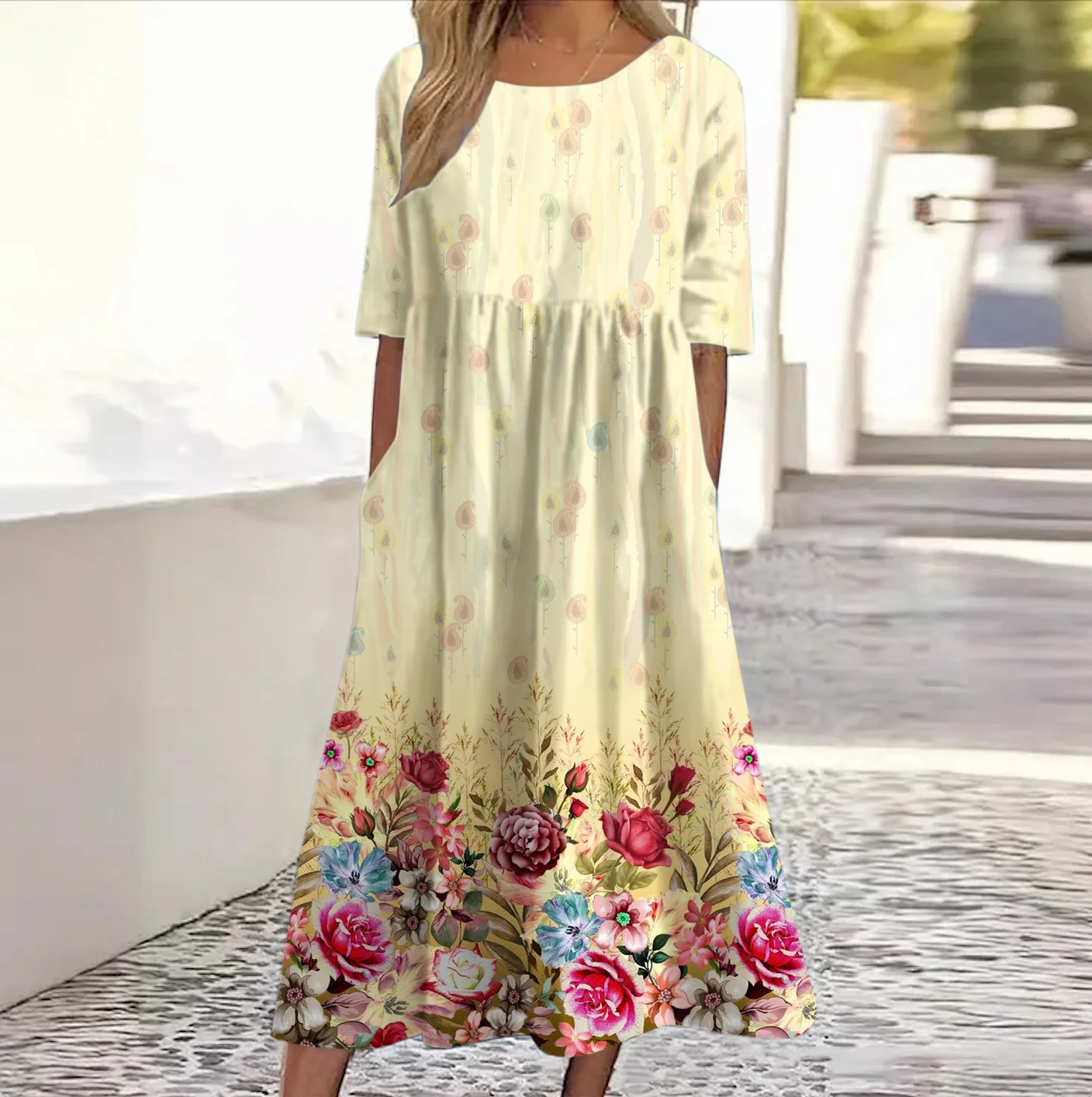 Femmes Floral Abricot Col Rond Confortable Robe Maxi Décontracté