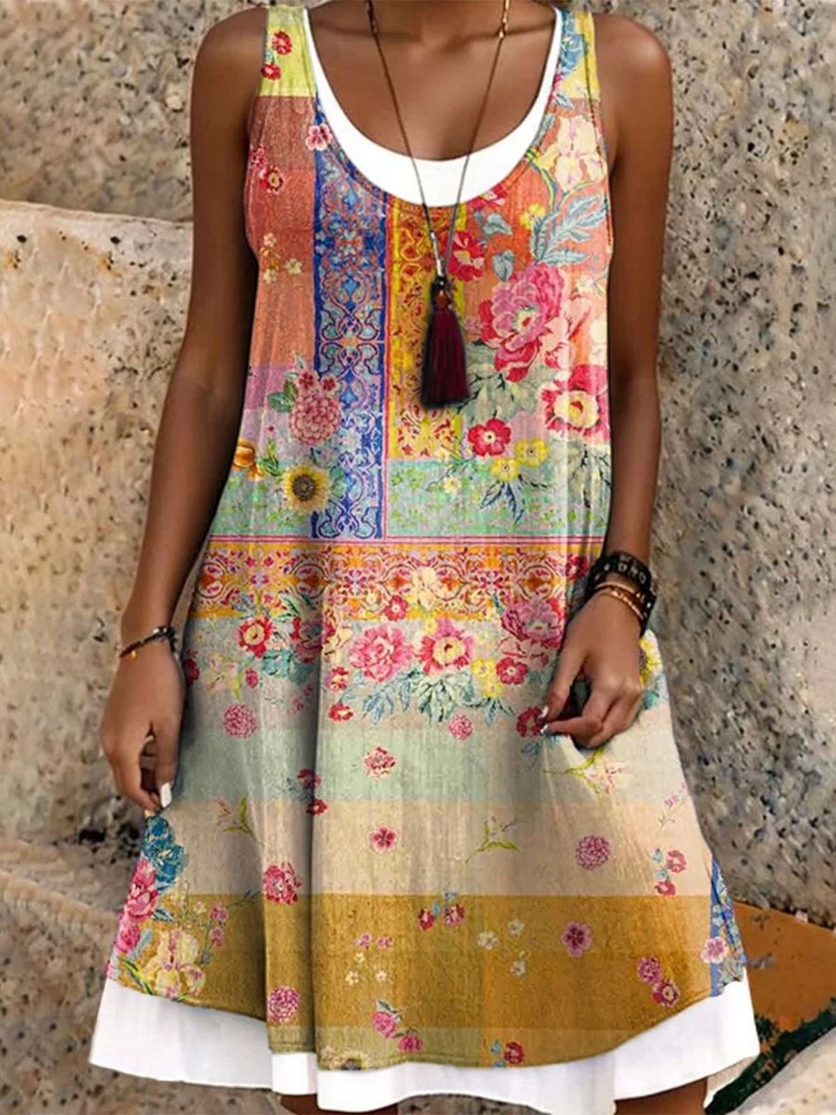Femmes Floral Jaune Col Rond Confortable Robe Mi-Longue Décontracté