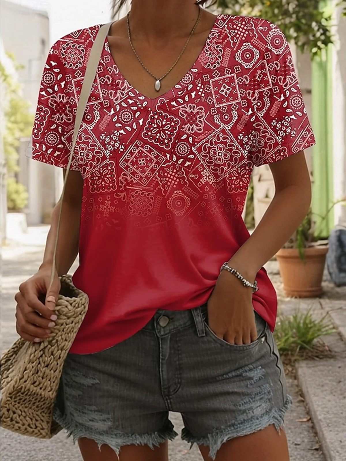 T-shirts Femmes Décontracté Été Ethnique Géométrie Polyester Col V Micro-élasticité Coupe Régulière Manches Courtes Régulier
