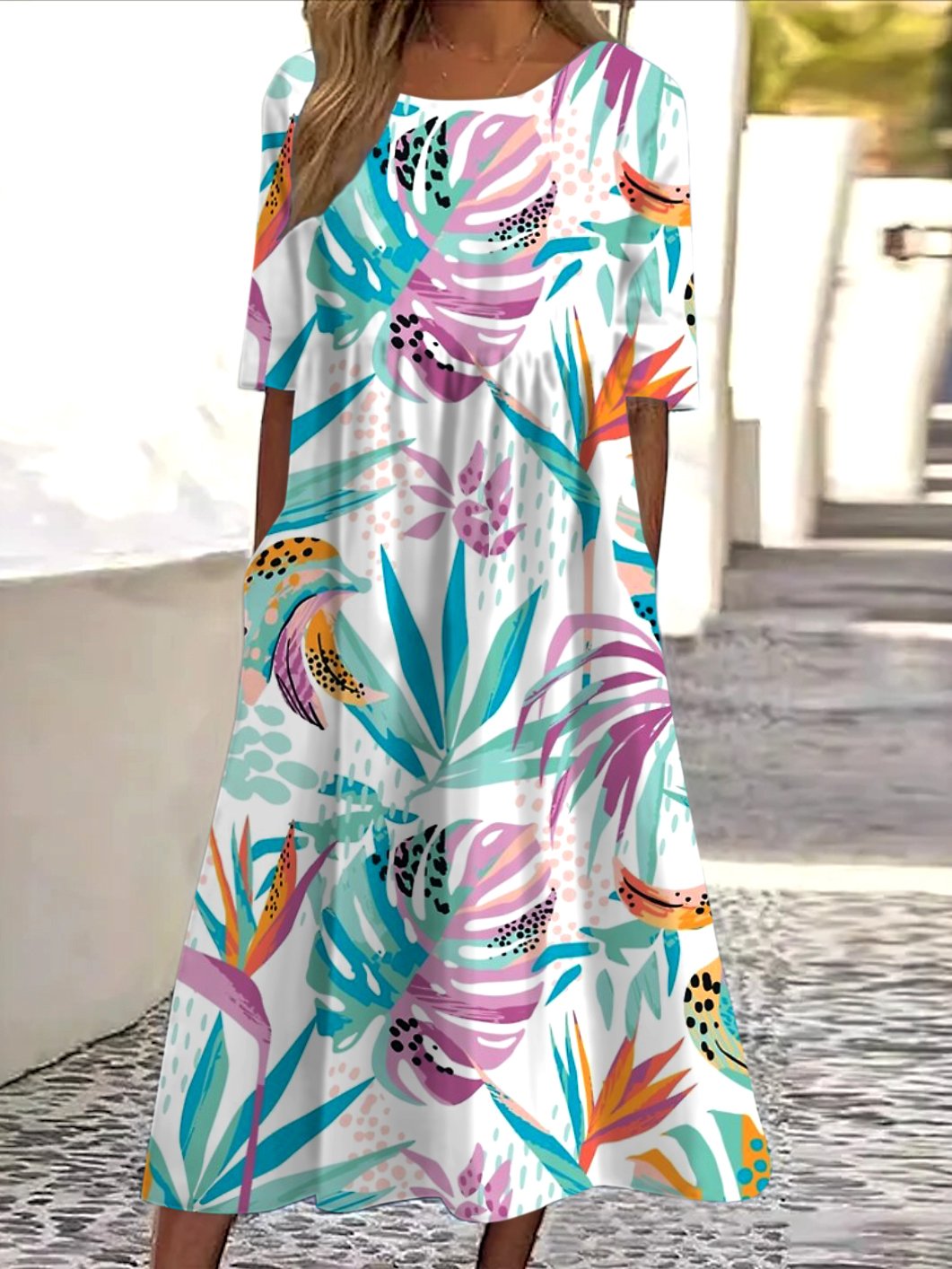 Femmes Floral Blanc Col Rond Confortable Robe Maxi Décontracté
