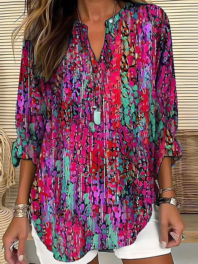 Blouses Femmes Géométrique Décontracté Été Polyester Aucune élasticité Ample Demi Manche Col Châle Régulier
