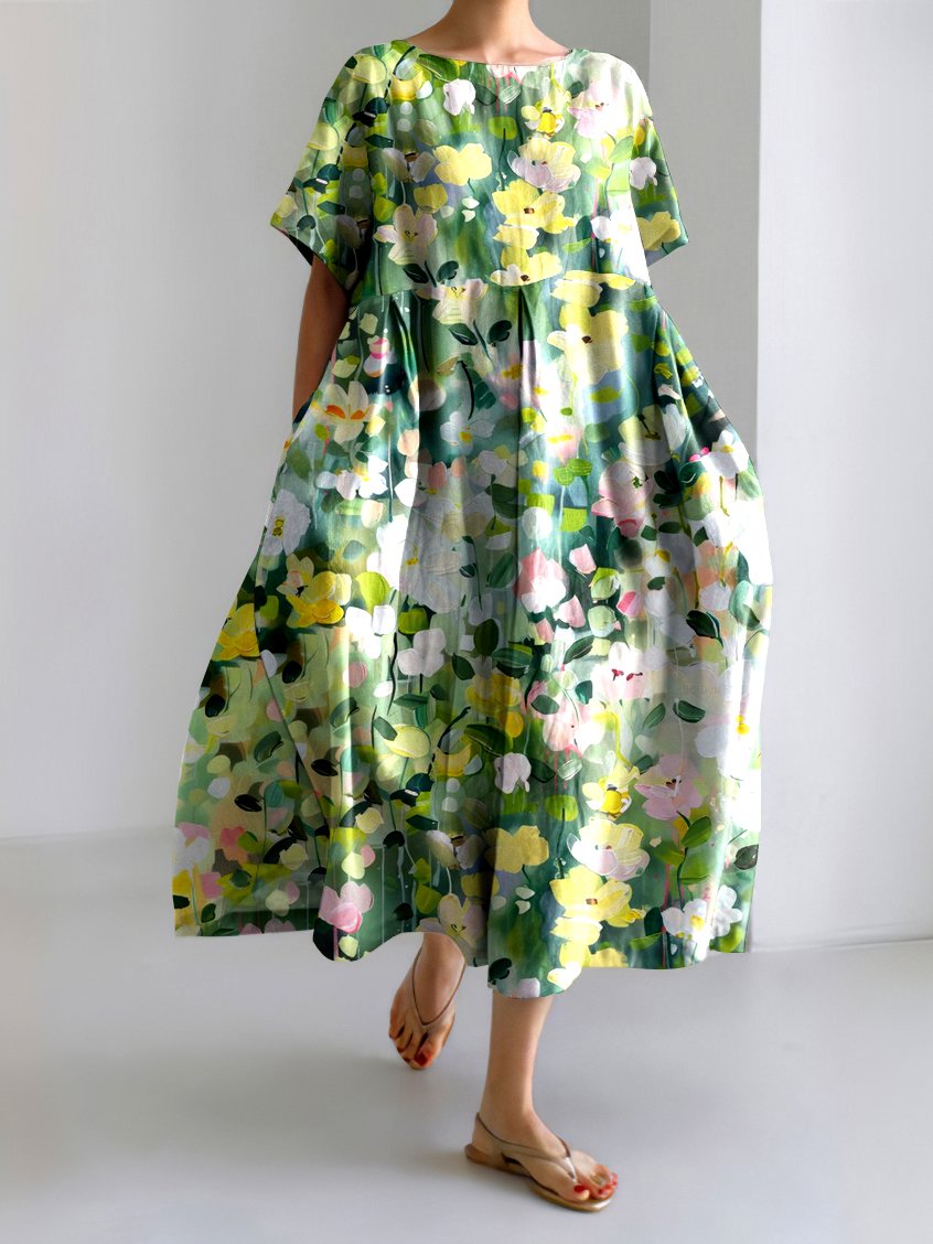 Femmes Floral Vert Col Rond Confortable Robe Maxi Décontracté